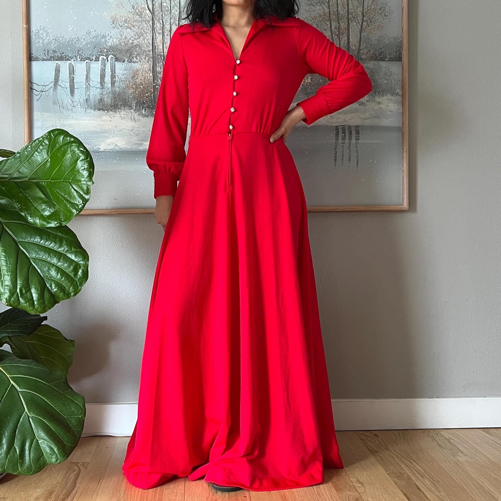 Vintage Red Maxi Dress Long Sleeve Gown Dramatic Evening Statement Small Medium